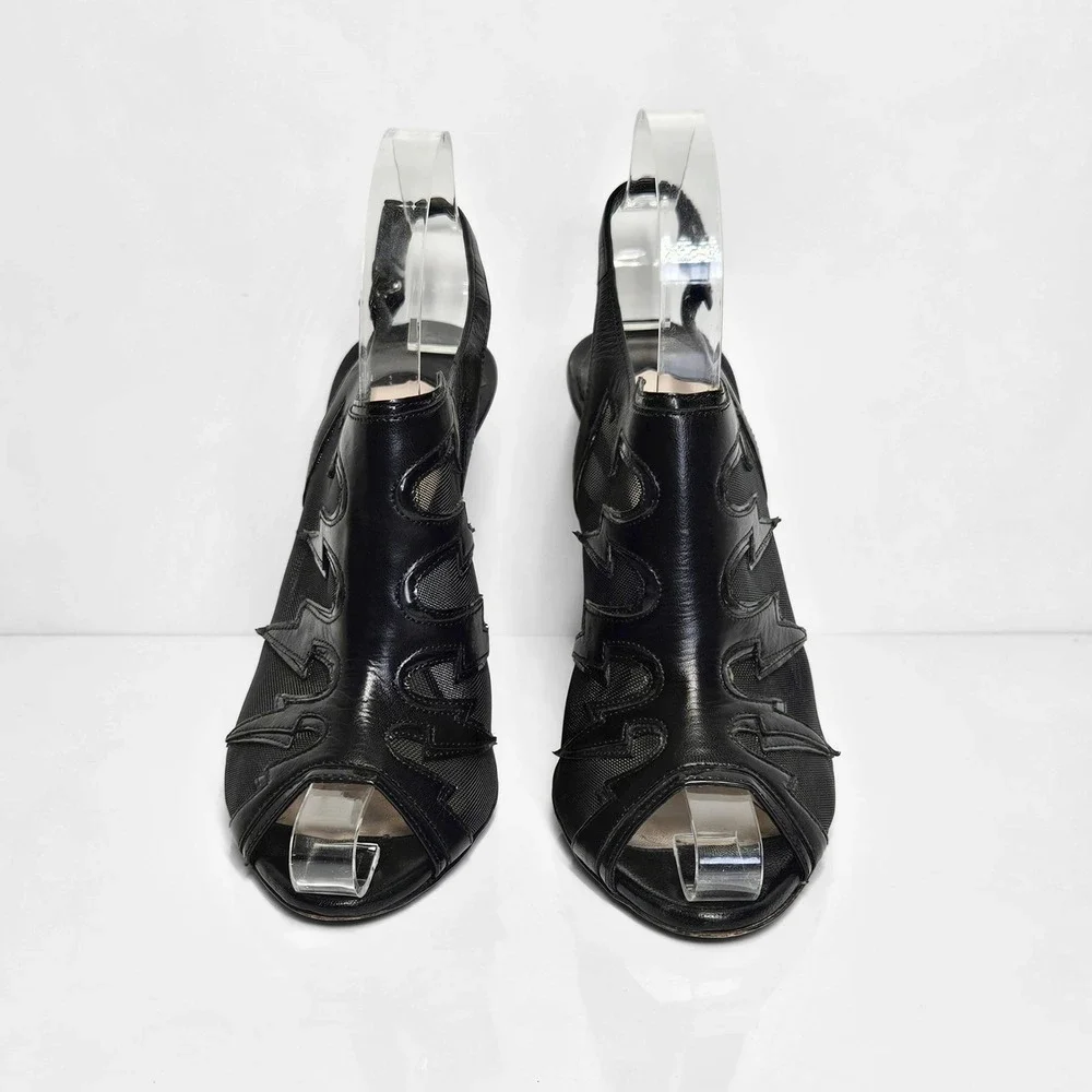 PRADA Black Leather Lightning Bolt Mesh Accents‎ Slingback Pumps Size 6.5 | 37